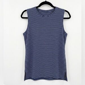 Lululemon Navy White Striped Muscle Tank Top Crew Neck Side Slit Cotton Size 4